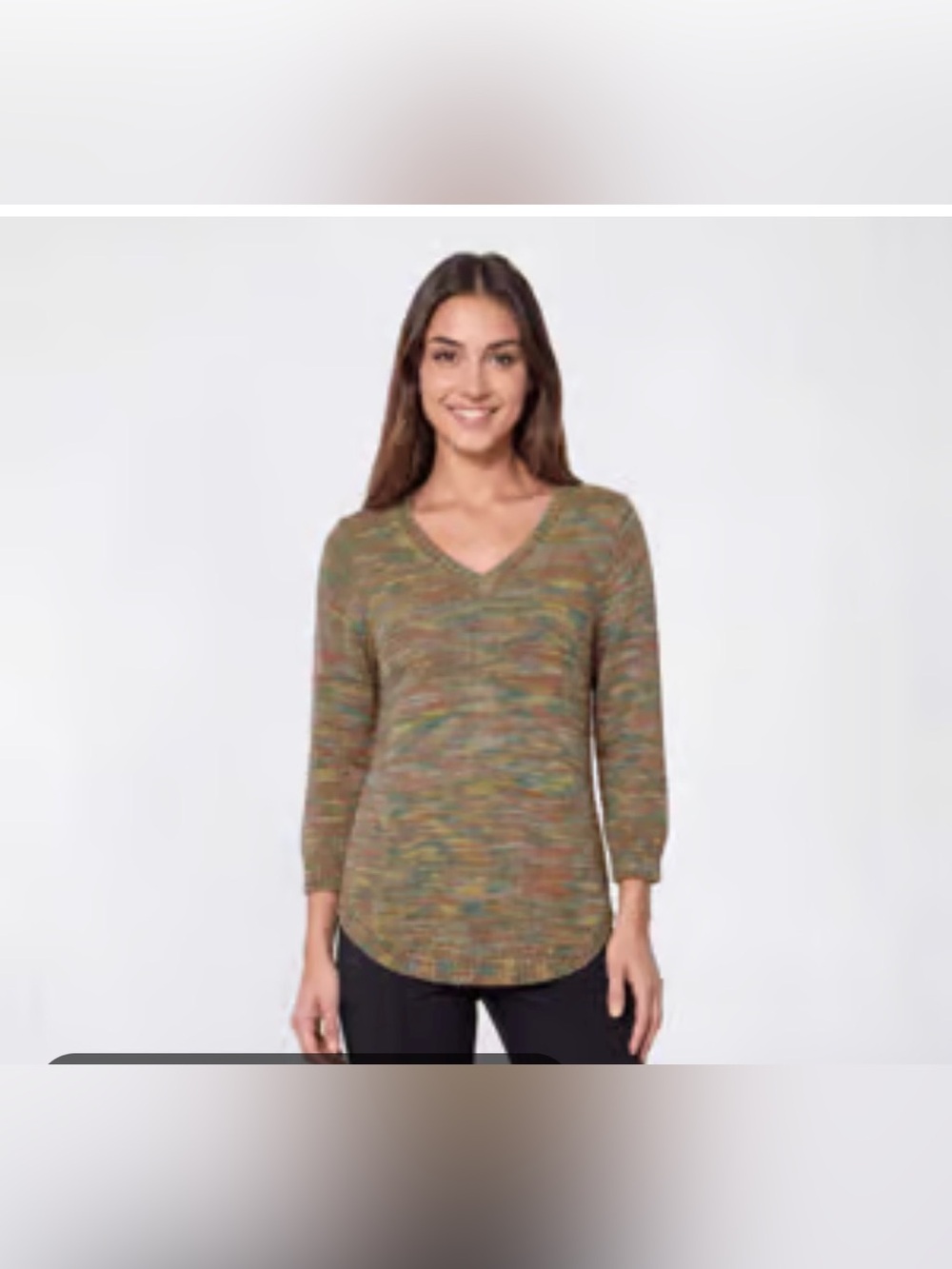 #3295**LOGO by Lori Goldstein Multicolor V-Neck Knit Sweater - Green/Brown/Gold